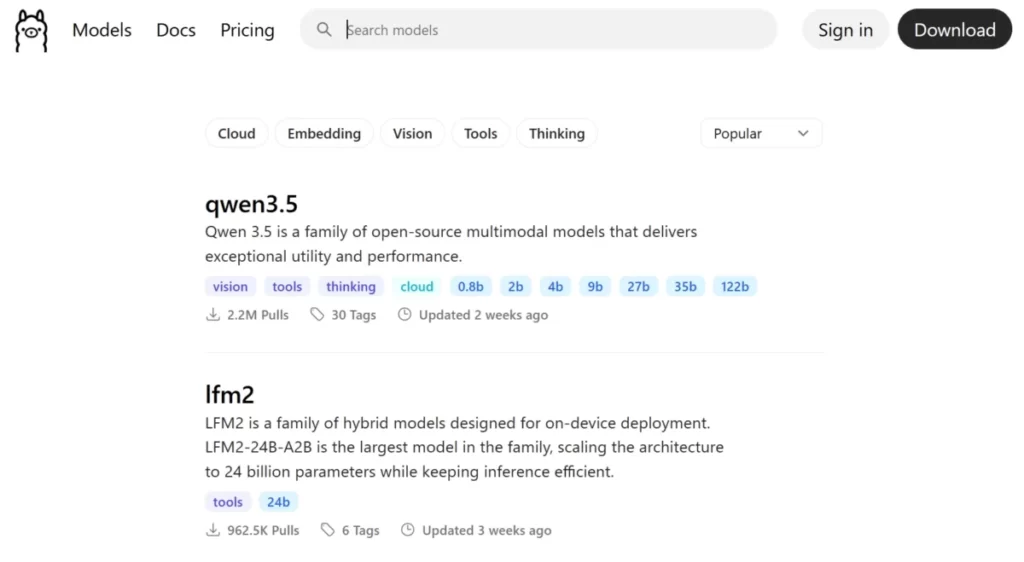 OllamaのホームページでAIモデルを検索する画面のスクリーンショット