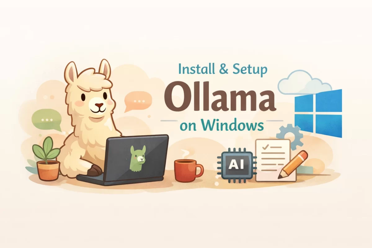 ローカルAI実行エンジン「Ollama」をWindowsにインストールして設定する手順をイメージしたアイキャッチ画像。ノートPCを操作するラマのイラストと「Install & Setup Ollama on Windows」の英語テキストが配置された柔らかいデザイン。
