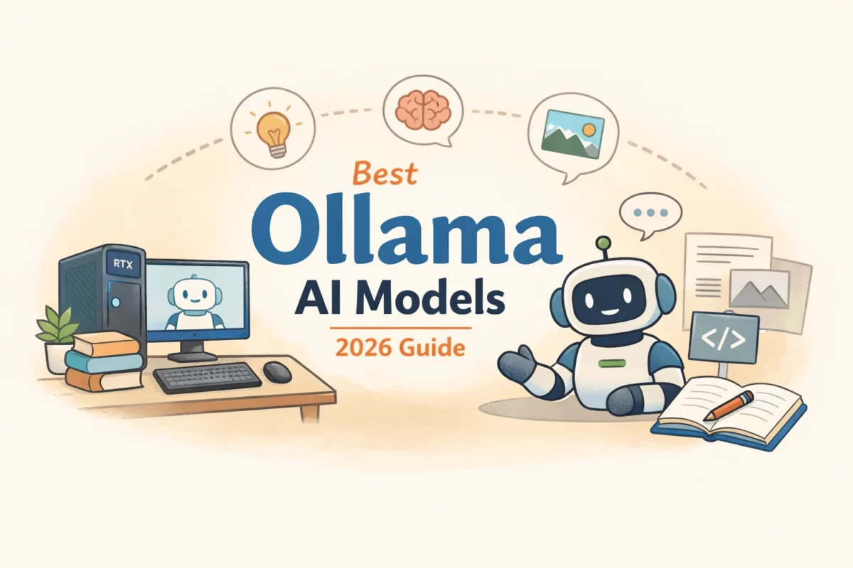 ローカルAI環境でOllamaのおすすめAIモデルを比較する解説イメージ。デスクトップPCとAIロボットが並び、ブログ作成・要約・プログラミング用途を示す2026年ガイド風アイキャッチ画像