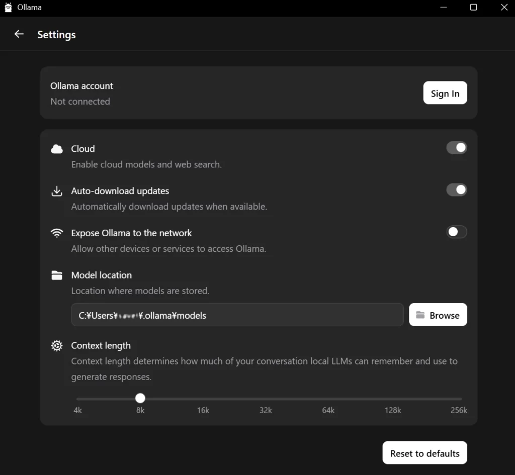 OllamaのSettings画面の画像