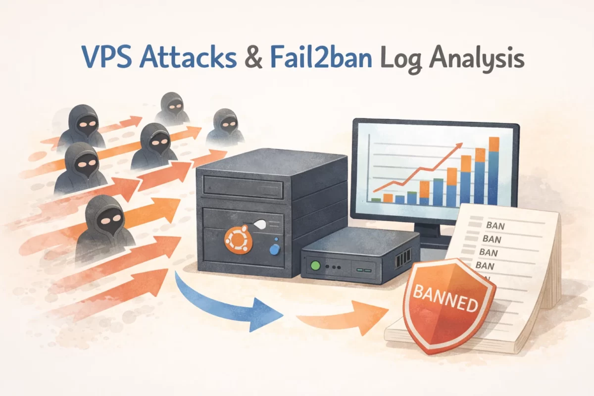 VPSサーバーへ向かう複数の攻撃アイコンと、それを分析するモニター上のグラフ、BANログ一覧、BANNEDと書かれたシールドが描かれた、fail2banログ分析を表す柔らかいタッチのイラスト