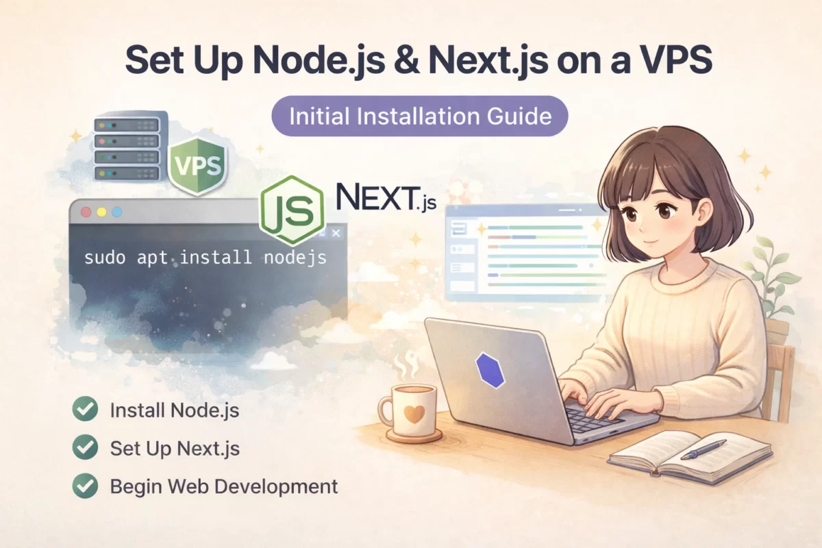 VPS上にNode.jsをインストールしNext.jsを初期構築する手順を解説するイラスト。Ubuntuサーバーでのセットアップとコマンド操作の流れを視覚化したブログ用アイキャッチ画像