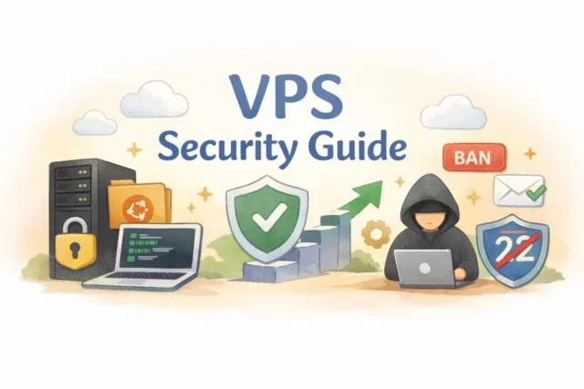 VPSのセキュリティ対策を段階的に解説するガイドのイラスト。Ubuntu Serverを対象に、ufwファイアウォール、SSH設定、fail2banによる自動防御などVPSの安全運用を表現したアイキャッチ画像