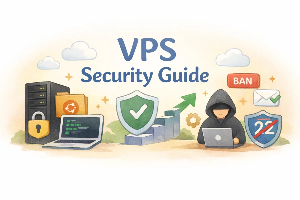 VPSのセキュリティ対策を段階的に解説するガイドのイラスト。Ubuntu Serverを対象に、ufwファイアウォール、SSH設定、fail2banによる自動防御などVPSの安全運用を表現したアイキャッチ画像