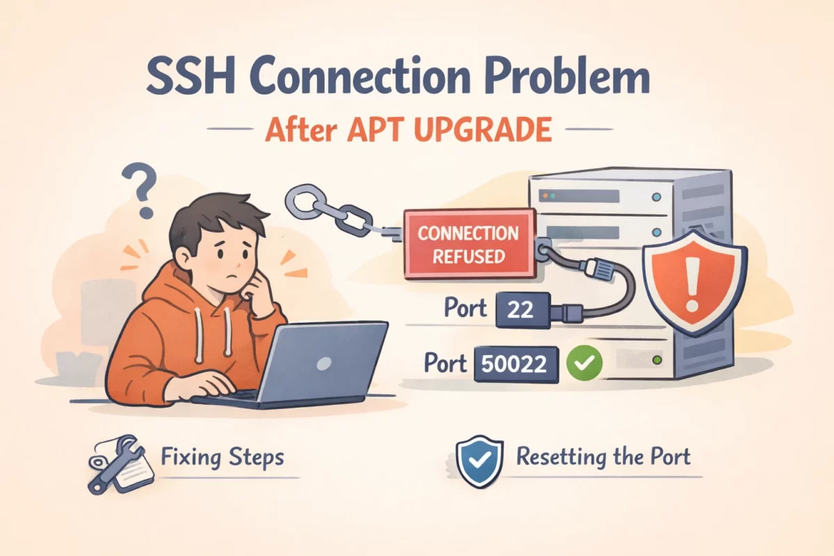 apt upgrade後にSSHポート設定がリセットされ接続できなくなったVPSを復旧するイメージイラスト（Port 22から50022へ再設定）