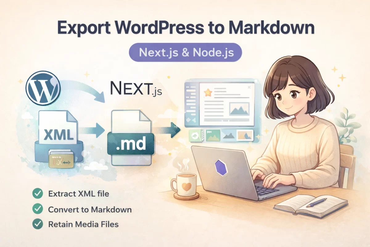 WordPressのXMLデータをNode.jsでMarkdownに変換する手順を解説するイラスト。Next.js移行に向けたデータ抽出と変換の流れを、女の子がノートPCで作業する様子とともに表現したアイキャッチ画像