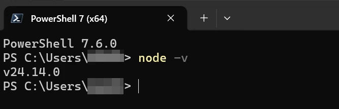 Node.jsインストール後、バージョン情報を表示させた画面の画像