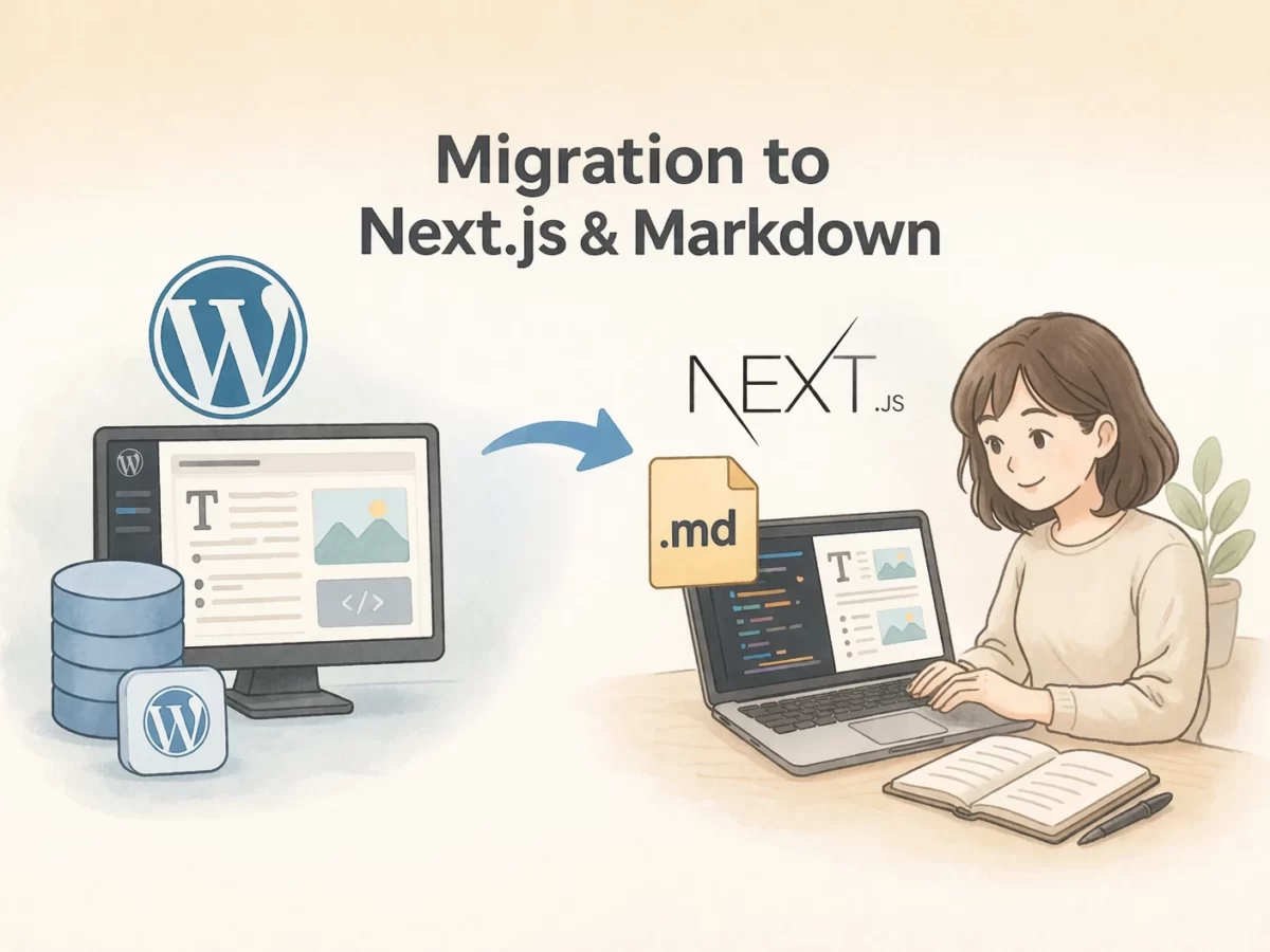 WordPressからNext.jsとMarkdownへ移行する流れを解説するイラスト。女性がノートPCで執筆し、静的サイト化による高速化とブログ再構築のイメージを表現したアイキャッチ画像