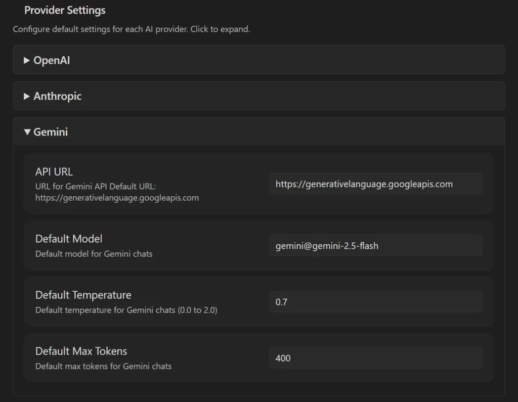 ChatGPT MDのオプションでAIサービス毎の設定をする画面の画像。Geminiに関する設定項目が表示されている。