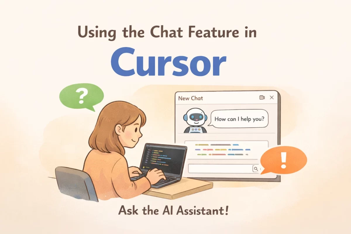 CursorのChat機能の使い方を解説するアイキャッチ画像。女性がノートPCでコードを書きながら、エディタ内のAIチャットに質問している様子を表現したイラスト。