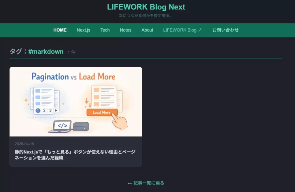 Next.jsで構築しているブログサイトでタグページが完成した画像