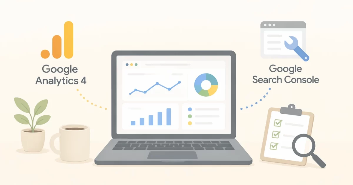 薄いベージュのグラデーション背景の中で、Googleアナリティクス4とサーチコンソールのアイコンとともに、アクセス解析ダッシュボードを表示したノートPCが描かれた、Next.jsブログの計測設定とSEO管理を表すやわらかいイラスト