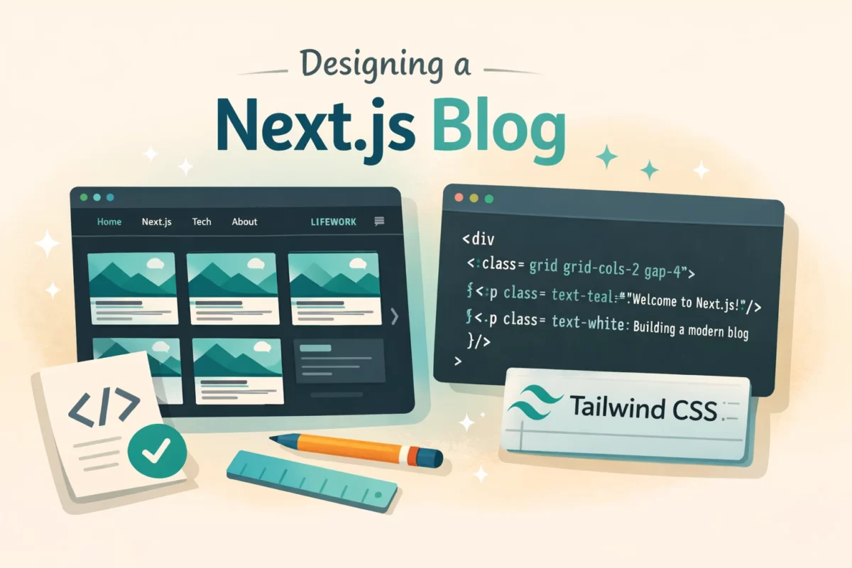 Next.jsブログのトップページと記事ページのデザイン実装を解説するイラスト。ダークテーマのブログ画面とTailwind CSSのコードを視覚化したブログ用アイキャッチ画像