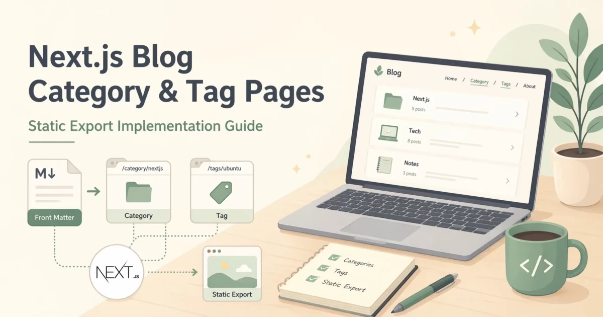 Next.jsブログのカテゴリー・タグページ実装を解説するアイキャッチ画像。カテゴリーページとタグページの構成図、ノートPCに表示されたブログ一覧画面、静的エクスポート対応のイメージを柔らかい雰囲気で描いたイラスト