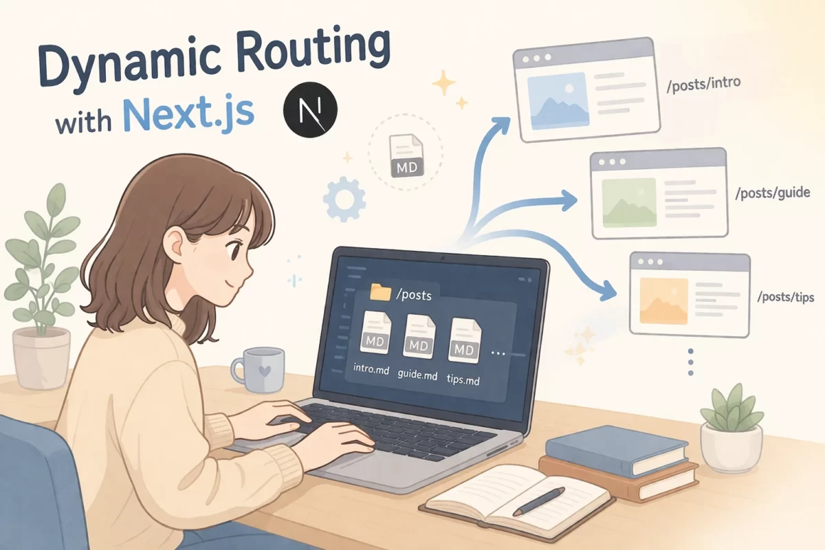 女性が柔らかい雰囲気でノートパソコンを操作しているイラスト。パソコンの画面からは、複数の Markdown ファイルが自動的に個別の Web ページへと生成・リンクされていくようなイメージが英語のテキスト（Dynamic Routing, Next.js）とともに表現されている。適度な色数でシンプルにまとまっている画像。