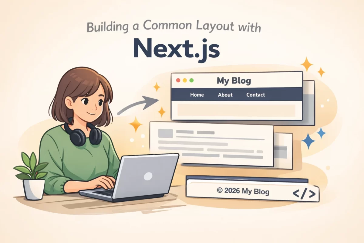 Next.js のブログにヘッダーとフッターを実装して全ページ共通レイアウトを作る手順を解説するイラスト。女性がノートパソコンで作業し、画面上にサイト名とナビゲーションが表示されたブログの外枠デザインが完成していく様子を表現したアイキャッチ画像