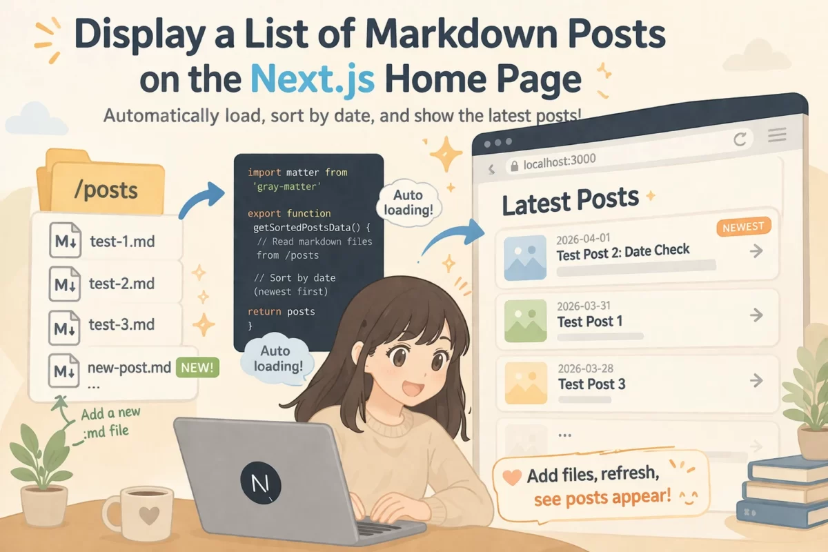 Next.js のトップページに、読み込まれた Markdown 記事がリスト状に並んで表示されている様子を表現したイラスト。ファイルを追加するだけで自動更新されるシステムのワクワク感を表現したイメージ。