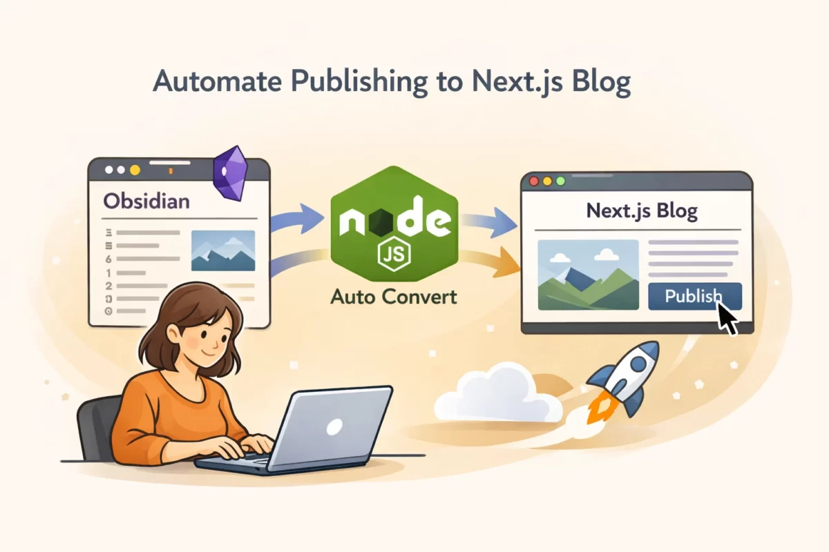 Obsidian で書いた Markdown 記事と画像を Node.js スクリプトで自動変換して Next.js ブログにワンクリックで公開する仕組みを解説するイラスト。女性がノートパソコンで作業し、 Obsidian のノートが自動変換されてブログサイトに公開されていくイメージを表現したアイキャッチ画像
