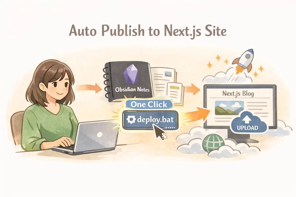 Obsidian で書いたブログ記事がバッチファイルのダブルクリック1つで Next.js サイトに自動公開される仕組みを解説するイラスト。女性がノートパソコンでバッチファイルを実行し、 Obsidian のノートがそのままブログに公開されていくイメージを表現したアイキャッチ画像