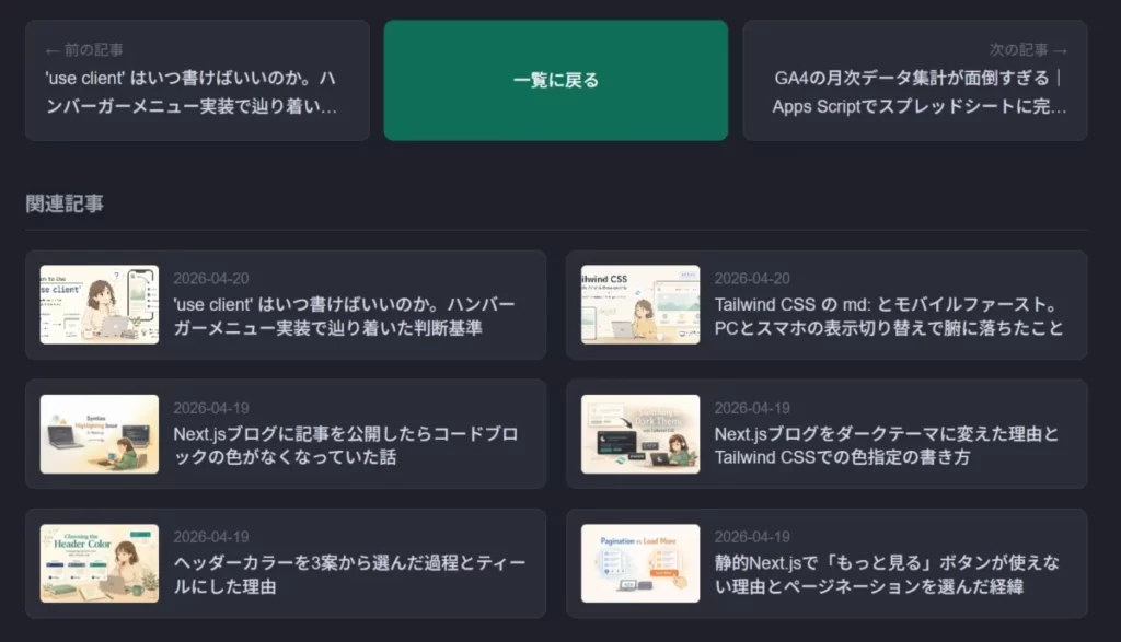 Next.jsで構築したブログサイトで、個別記事の下部に前のページ、後のページにつながるナビゲーションと、記事一覧に戻るボタンが表示され、その下に関連記事が6件表示されている画像