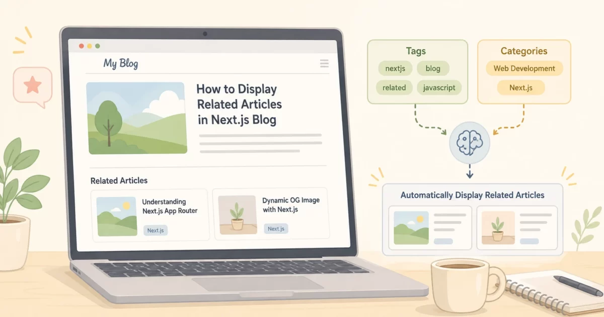 Next.jsブログの個別記事ページに関連記事を自動表示する機能を実装する方法を解説するアイキャッチ画像。記事ページ下部に2列グリッドで関連記事カードが並ぶイメージ、ノートPCに表示されたブログ画面、タグとカテゴリーで自動分類される仕組みを柔らかい雰囲気で描いたイラスト