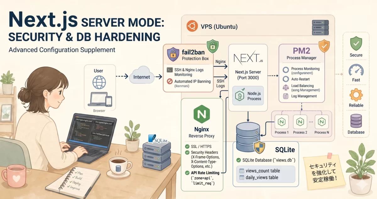 Next.jsブログサーバーのセキュリティ強化プロセスを描いた、白背景のイラストです。fail2banによる保護を示す盾のアイコン、Nginxのレート制限、SQLiteデータベースのシンボルを配置し、VPSのセキュリティ構成を表現しています。