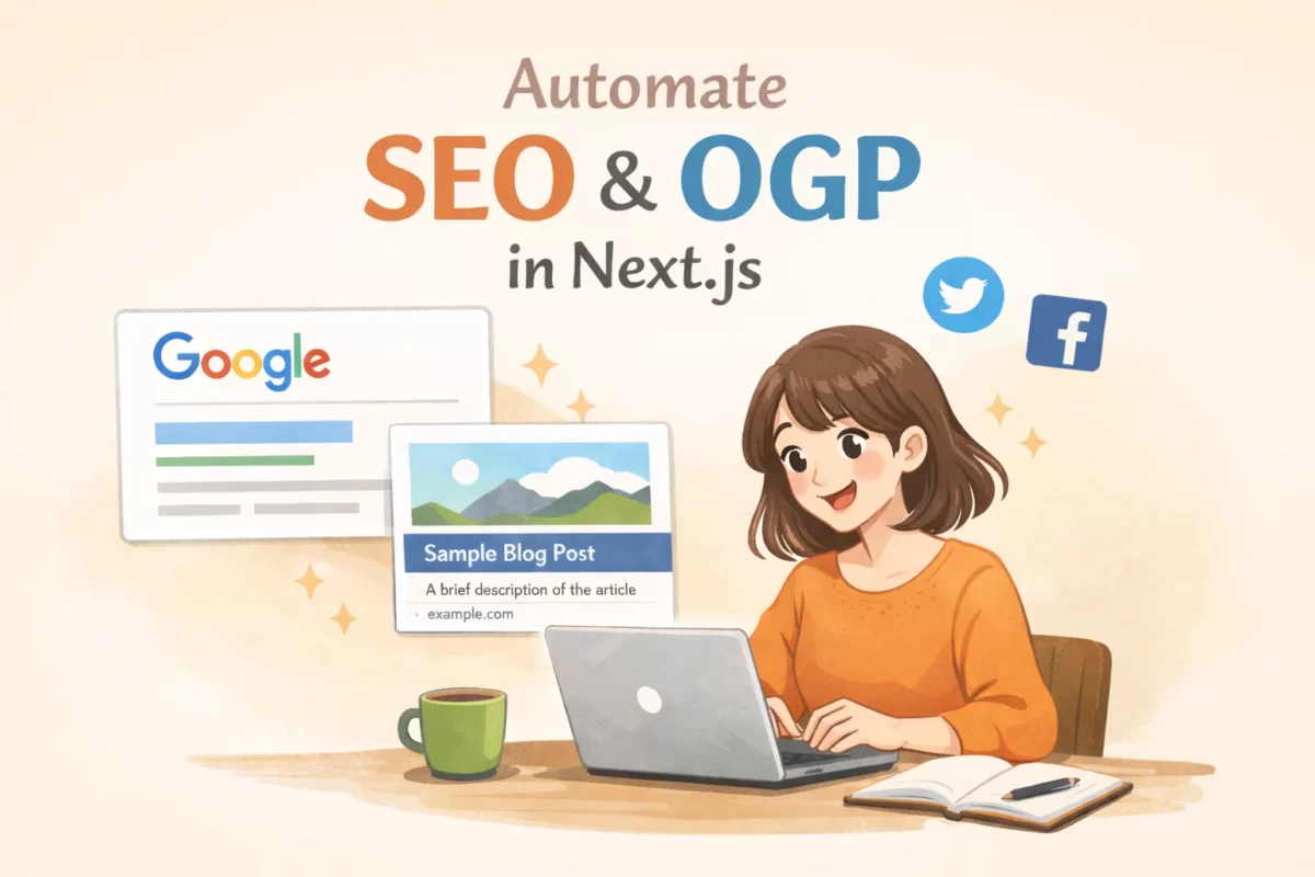 Next.js ブログに SEO と OGP を自動設定する手順を解説するイラスト。女性がノートパソコンで作業し、画面上に Google 検索結果と SNS シェアカードが綺麗に表示されているイメージを表現したアイキャッチ画像