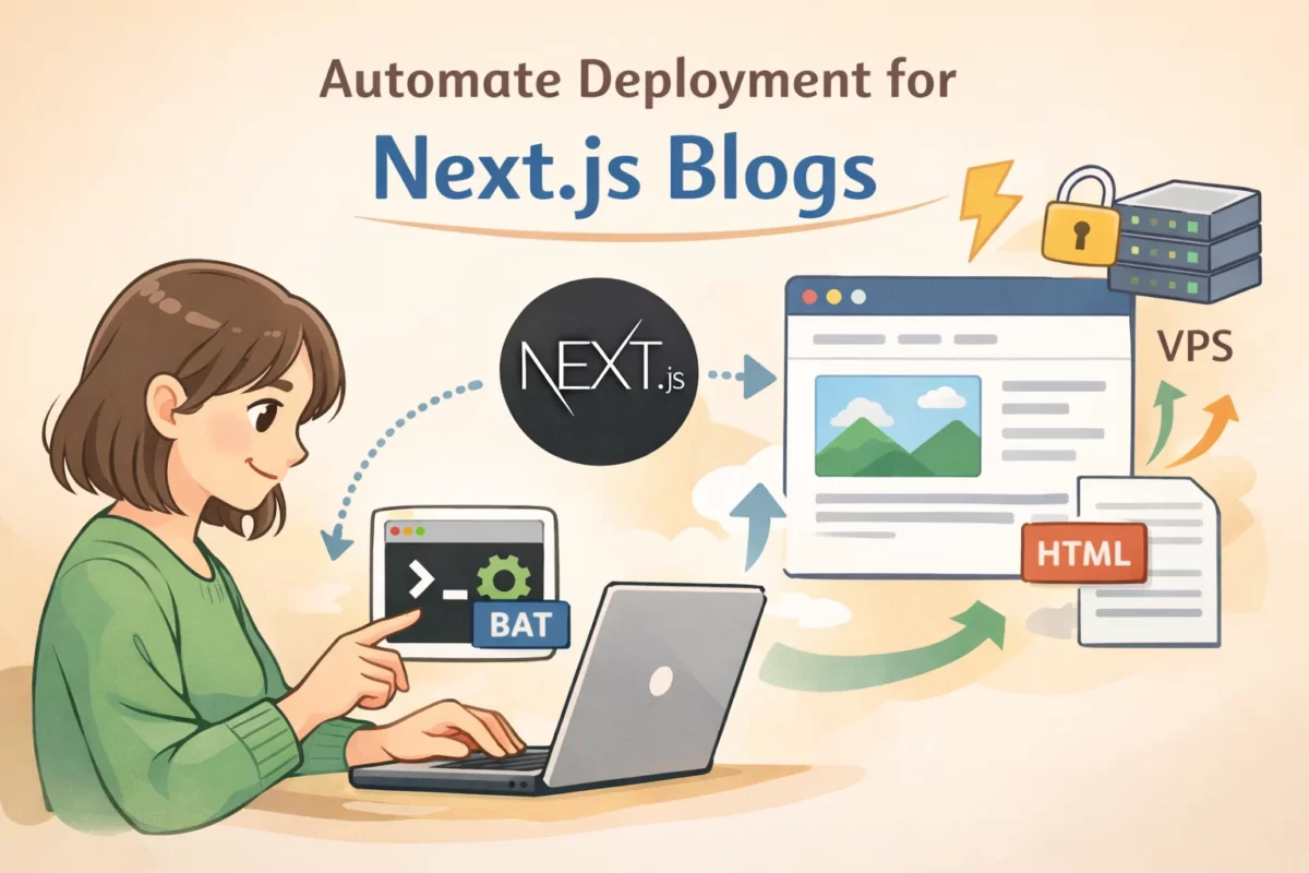 Next.js ブログを静的サイトとして本番公開し Obsidian からワンクリックで自動デプロイする仕組みを解説するイラスト。女性がノートパソコンでバッチファイルをダブルクリックする様子と、記事が自動でサイトに反映されていくイメージを表現したアイキャッチ画像