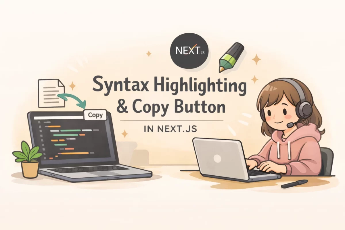 Next.jsブログのコードブロックにシンタックスハイライトとコピーボタンを追加する手順を解説するイラスト。色付きのコードブロックとコピーボタンが表示されたブログ画面を視覚化したアイキャッチ画像
