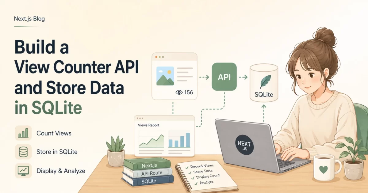 白から薄いベージュの背景に、Next.jsブログの閲覧数カウンターAPI構築をテーマにした柔らかいイラスト。大きく「Build a View Counter API and Store Data in SQLite」の文字があり、記事ページ・API・SQLiteデータベース・閲覧数レポートが矢印でつながれ、右側で女性がノートPCを使って分析している。