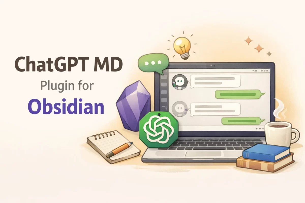 ObsidianのChatGPT MDプラグインの使い方を解説するアイキャッチ画像。白から薄いベージュのグラデーション背景に、ノートパソコン上でAIチャット画面として動作するObsidianの様子と、メモ帳やコーヒーが配置された柔らかい雰囲気のイラスト。