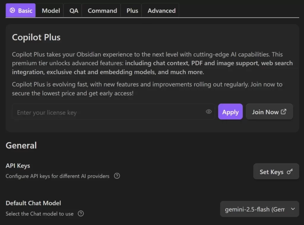 ObsidianのCopilotプラグインの基本設定画面