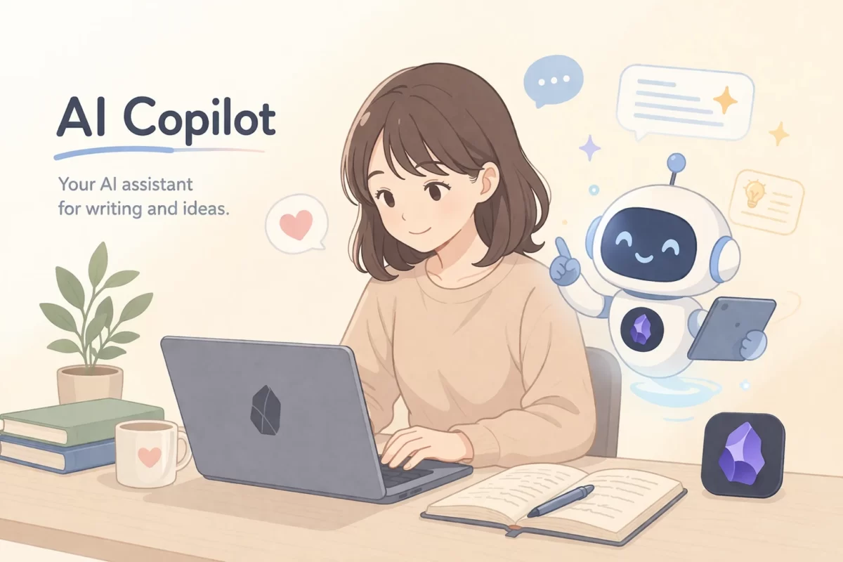 フラットデザインで柔らかいパステルカラー調のイラスト。色数は少なめ。デスクでノートパソコンを使って作業している女性。彼女のすぐ隣（画面の横）に、フレンドリーで可愛らしい小さなAIロボットが浮かんでおり、執筆をサポートしている様子。画像内に「AI Copilot」という英語のテキストを配置。