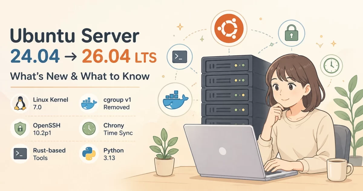 Ubuntu Server 24.04から26.04 LTSへのアップグレード情報を確認する女性とサーバーラックのイラスト。Linux Kernel 7.0、cgroup v1廃止、OpenSSH 10.2p1、Chrony、Rust製ツール、Python 3.13などの主な変更点が表示された、白から薄いベージュ背景の柔らかい雰囲気のアイキャッチ画像。