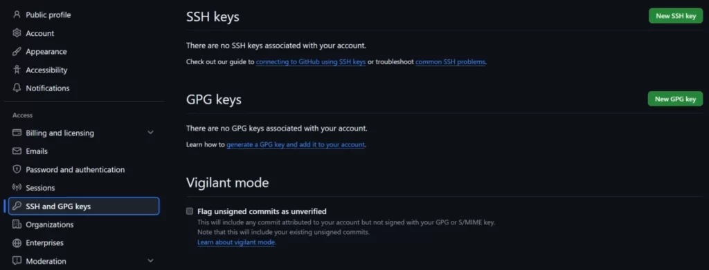 GitHubの「SSH and GPG keys」設定画面。新しいSSH鍵を追加するための緑色の「New SSH key」ボタンが表示されている様子。
