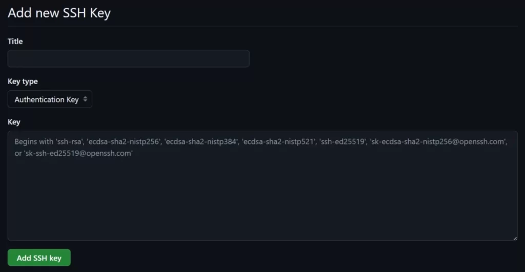 GitHubの新規SSH鍵追加画面。鍵の名前を入力する「Title」欄、公開鍵の内容を貼り付ける「Key」欄、および登録を実行する「Add SSH key」ボタンが表示されています。