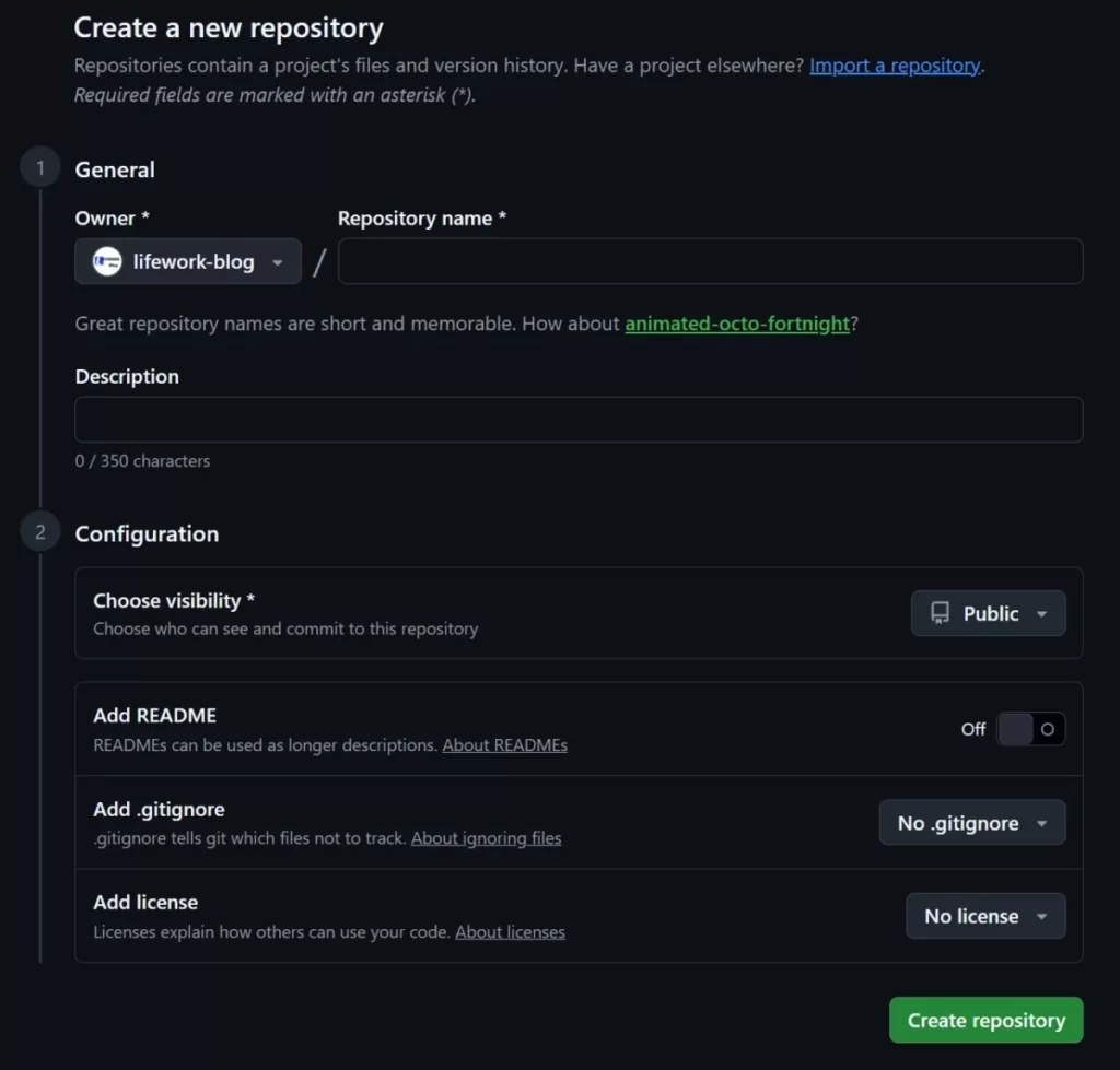 GitHubの新規リポジトリ作成画面。リポジトリ名の入力欄や各設定項目が並んでおり、「Choose visibility（公開設定）」がデフォルトの「Public」になっている状態が表示されています。