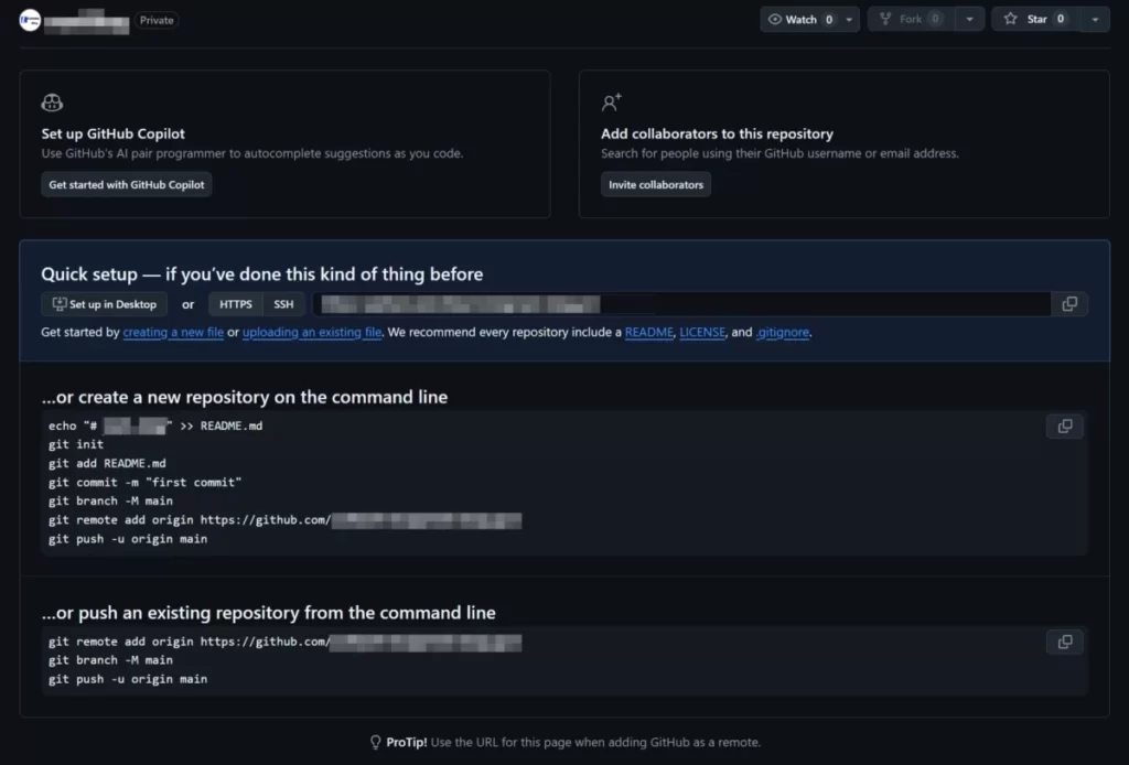 GitHubの新規リポジトリ作成直後の画面。「Quick setup」欄にHTTPSやSSHの接続アドレス、およびコマンドラインでのリポジトリ連携手順が表示されています。