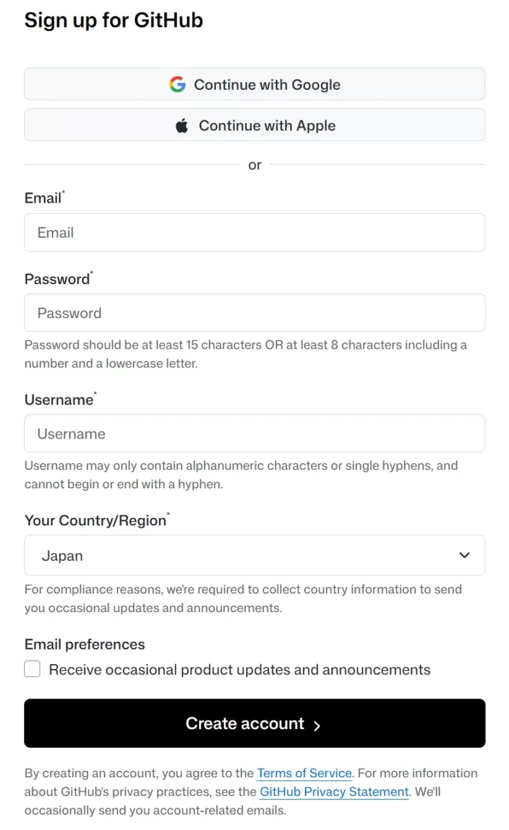 GitHubのアカウント作成（Sign up）画面。GoogleやAppleアカウントでの登録ボタンと、Email、Password、Username等を入力して「Create account」ボタンを押す登録フォームが表示されています。