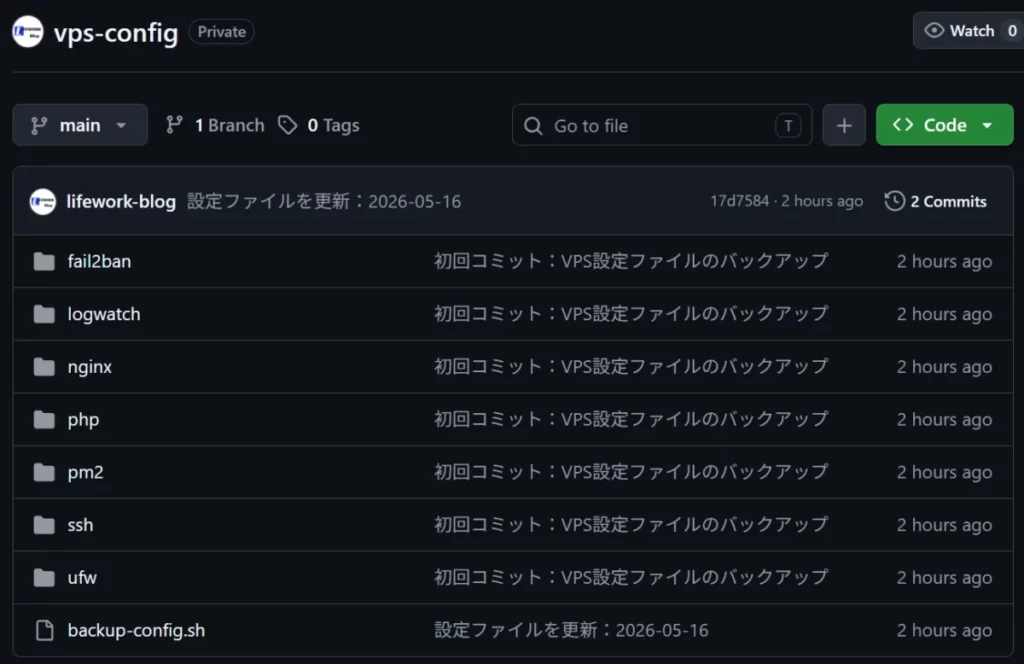GitHubのvps-configプライベートリポジトリ画面。fail2ban・logwatch・nginx・php・pm2・ssh・ufwの各フォルダとbackup-config.shが管理されている状態