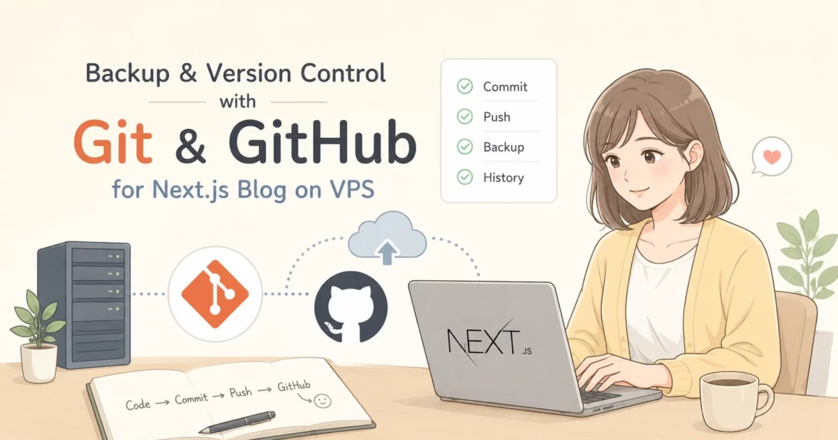 ノートパソコンに向かって作業する女性と、Git・GitHubを用いたNext.jsブログのバックアップやバージョン管理の概念を表現したアイキャッチイラスト。