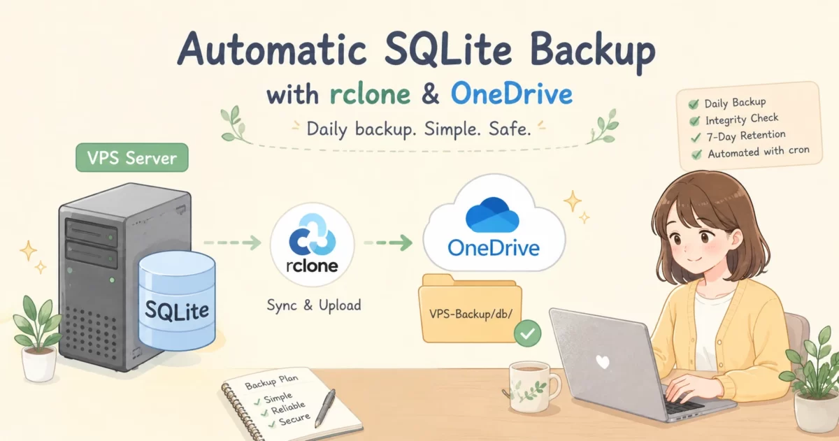 rclone と OneDrive を使って VPS 上の SQLite データベースを毎日自動バックアップする仕組みをイラストで表現した図。VPS サーバーから rclone 経由で OneDrive にバックアップされる流れと、ノート PC を操作する女性が描かれている。
