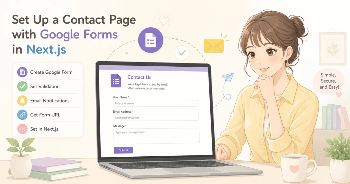 Next.jsブログのお問い合わせページにGoogleフォームを設定している様子を表したイラスト