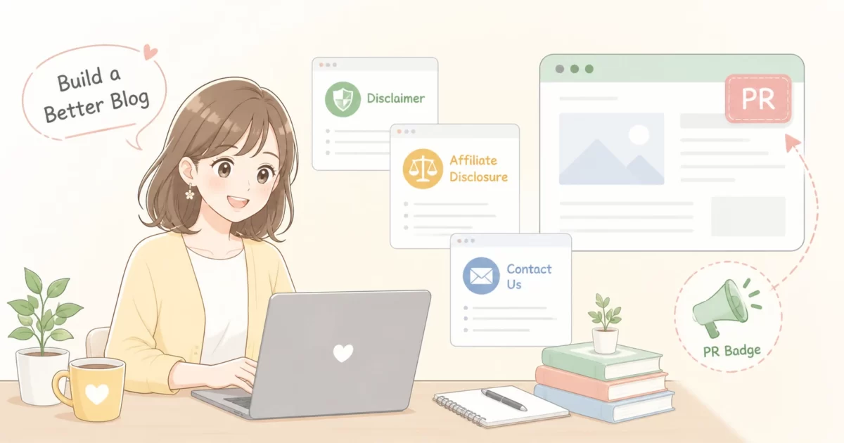 Next.jsブログに免責事項とアフィリエイトページを追加しPRバッジを実装している様子を表したイラスト
