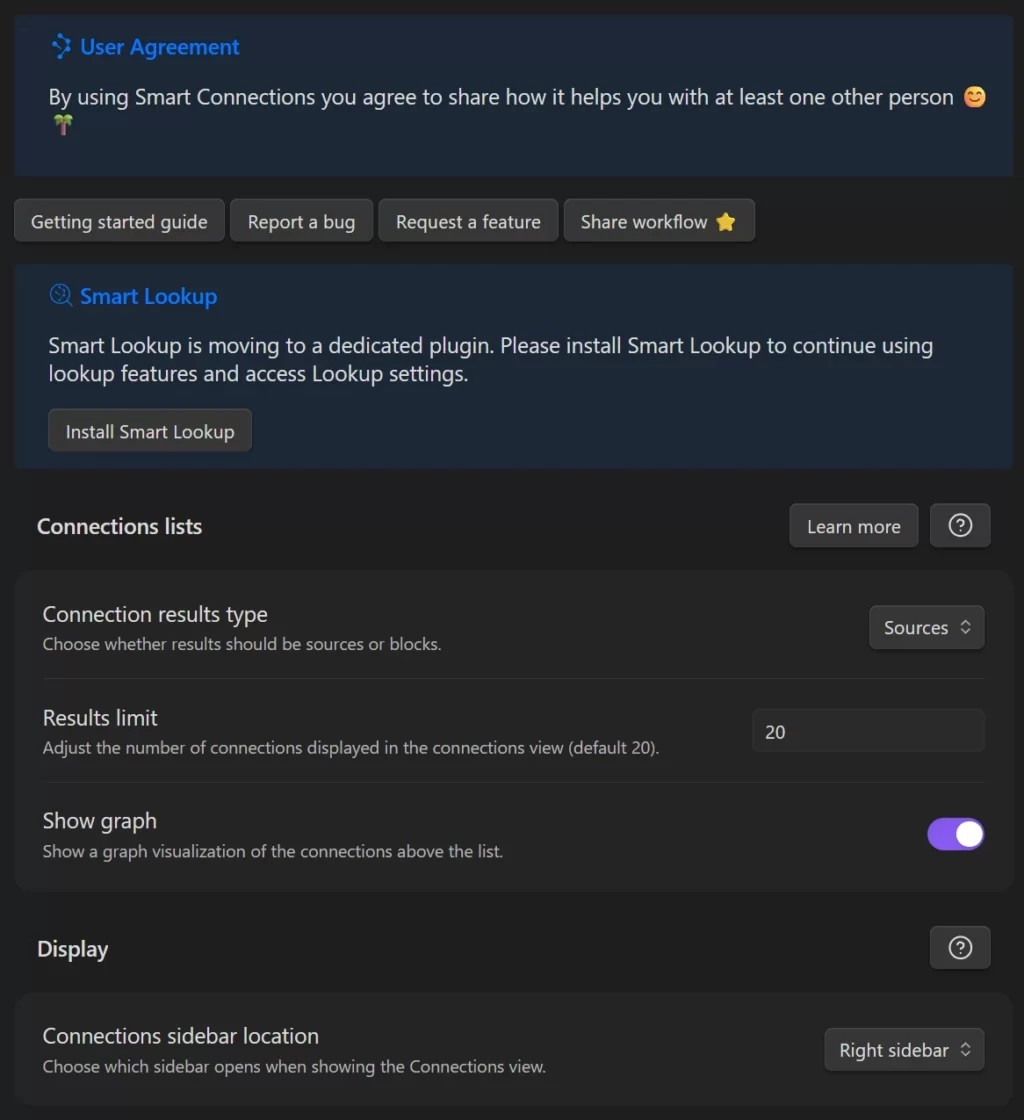 Obsidian の Smart Connections 設定画面(オプション)。Connections lists セクションで Connection results type が Sources 、Results limit が 20 、Show graph が ON に設定されている。