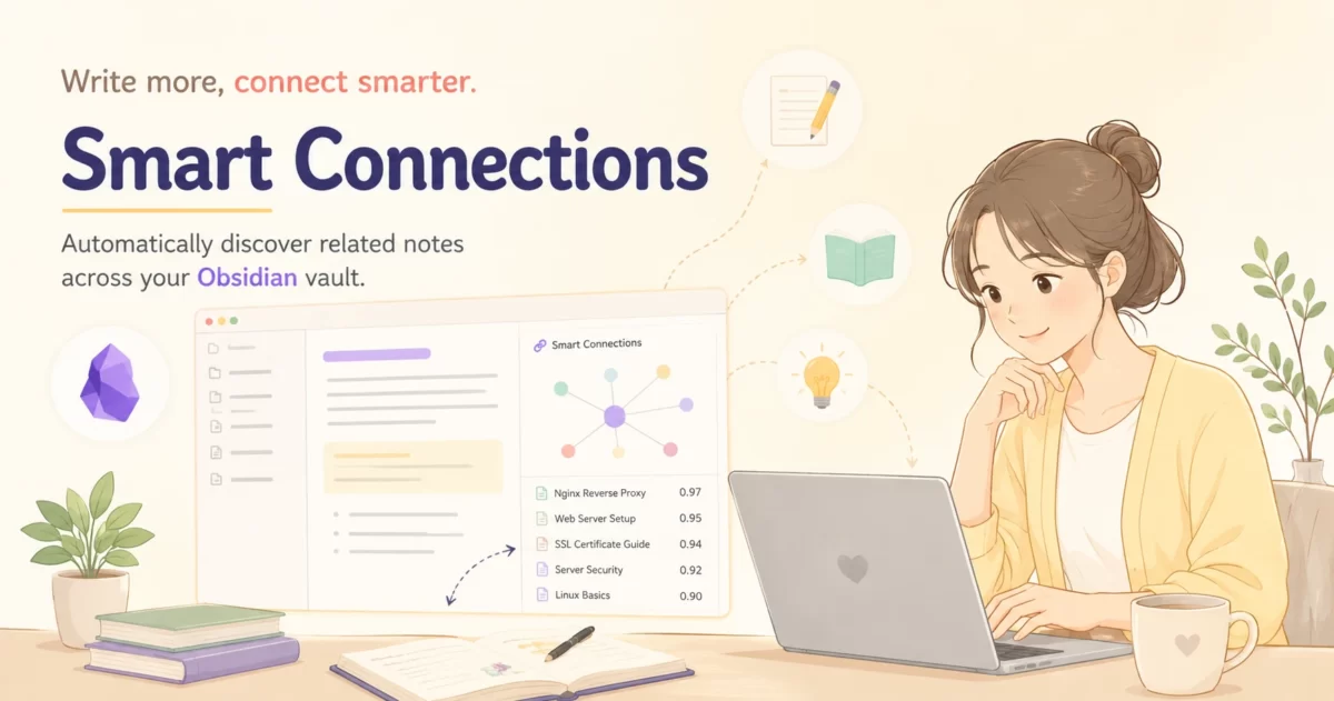Smart Connections プラグインの使い方を解説するアイキャッチ画像。白背景に、ノートパソコンの画面上で複数のノートがネットワーク状につながっているイラストと、「Smart Connections」の文字が配置された柔らかい雰囲気のデザイン。女性がノートパソコンに向かいながら作業している様子が添えられている。