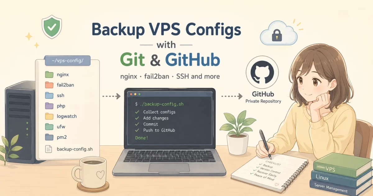 VPSサーバーの設定ファイルをGitとGitHubのプライベートリポジトリにバックアップする仕組みを図解したイラスト