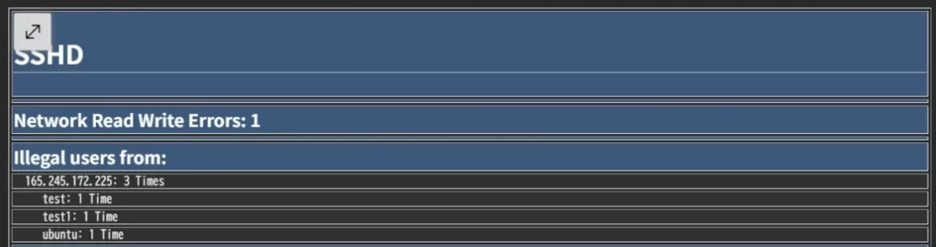 LogWatch の SSHD セクション。「Illegal users from:」に IP アドレス 165.245.172.225 からの 3 回の試行が記録され、試行されたユーザー名として test・test1・ubuntu の 3 つが確認できる。